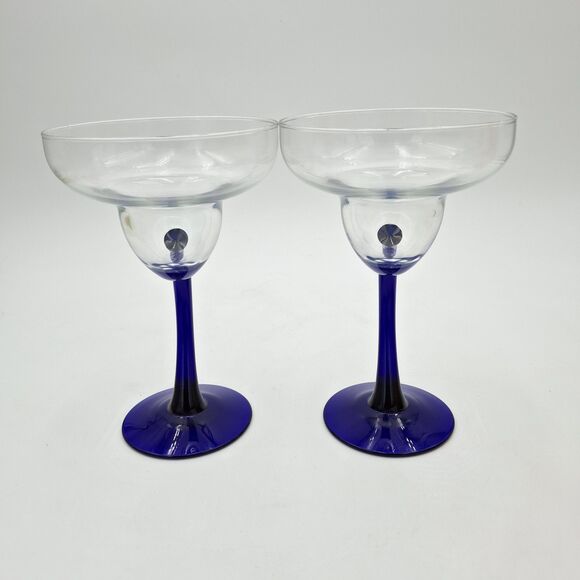Libby Bravura Margarita Glasses Cobalt Blue Curved Stem 7.25" Set Of 2 - Picture 4 of 10
